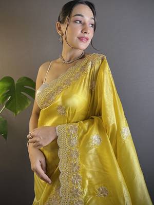 Yellow floral embroidered sequinned  saree 4
