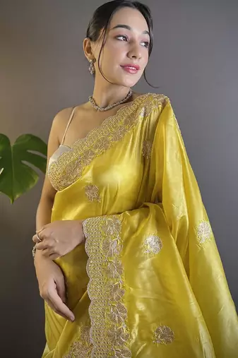 Yellow floral embroidered sequinned  saree