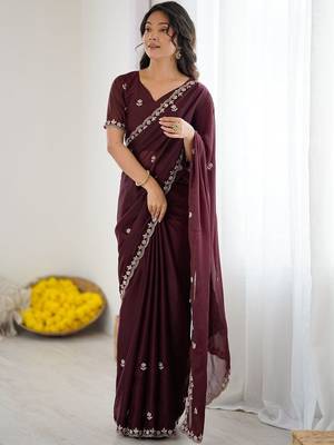 Maroon embellished embroidered pure georgette heavy work saree 1