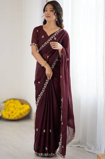 Maroon embellished embroidered pure georgette heavy work saree