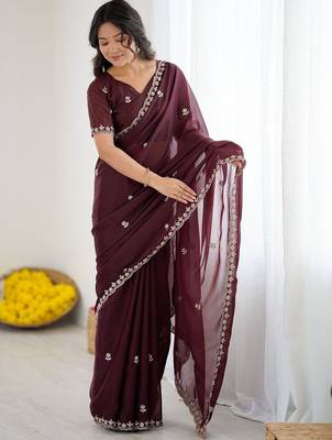 Maroon embellished embroidered pure georgette heavy work saree 2