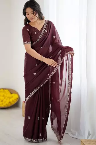 Maroon embellished embroidered pure georgette heavy work saree