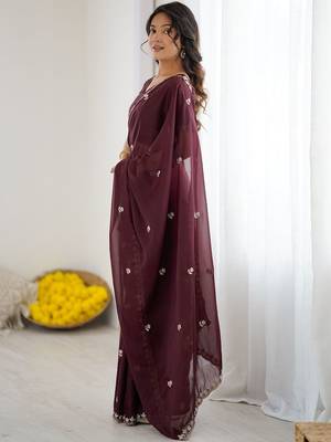 Maroon embellished embroidered pure georgette heavy work saree 3
