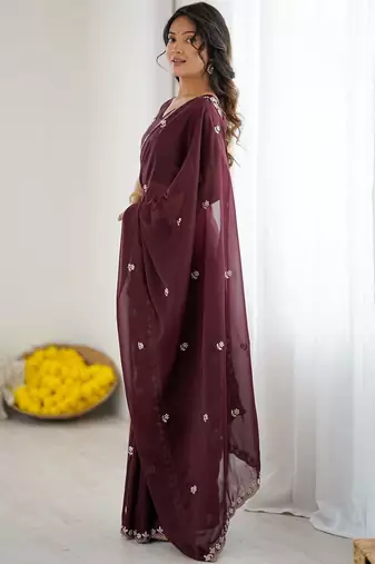 Maroon embellished embroidered pure georgette heavy work saree