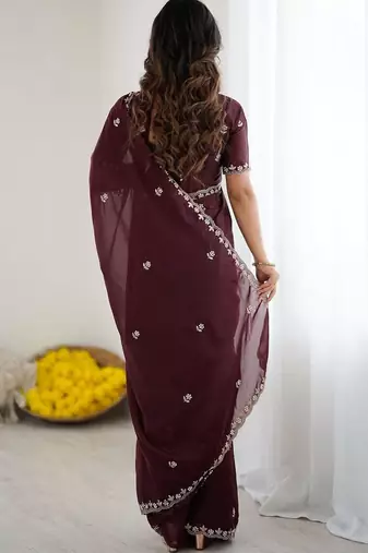 Maroon embellished embroidered pure georgette heavy work saree
