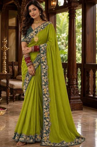 Lime floral embroidered poly chiffon saree