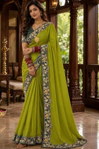 Lime floral embroidered poly chiffon saree