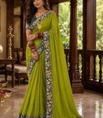 Lime floral embroidered poly chiffon saree