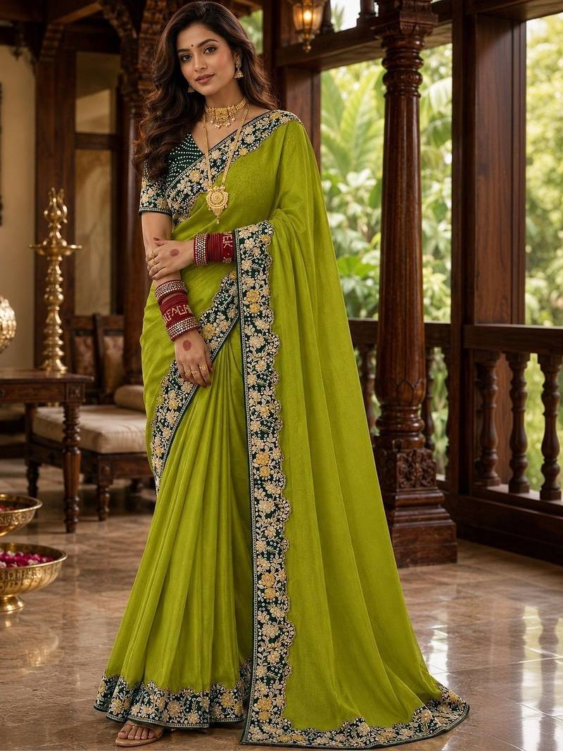Lime floral embroidered poly chiffon saree