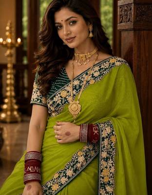 Lime floral embroidered poly chiffon saree 2