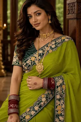 Lime floral embroidered poly chiffon saree