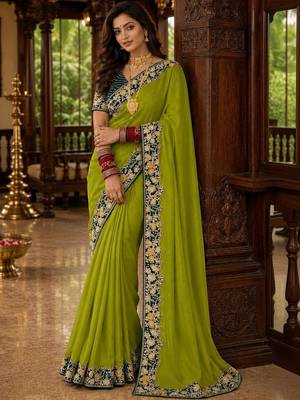 Lime floral embroidered poly chiffon saree 3