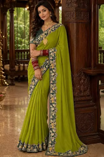 Lime floral embroidered poly chiffon saree