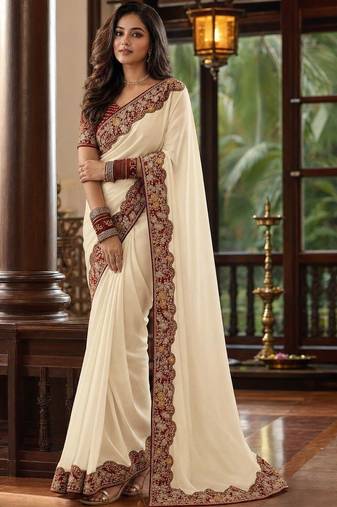 Off white floral embroidered poly chiffon saree