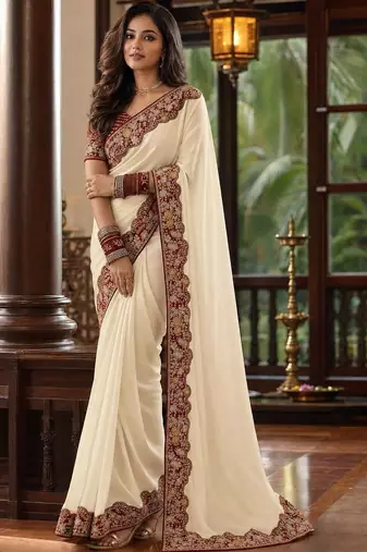Off white floral embroidered poly chiffon saree