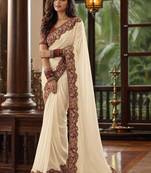Off white floral embroidered poly chiffon saree