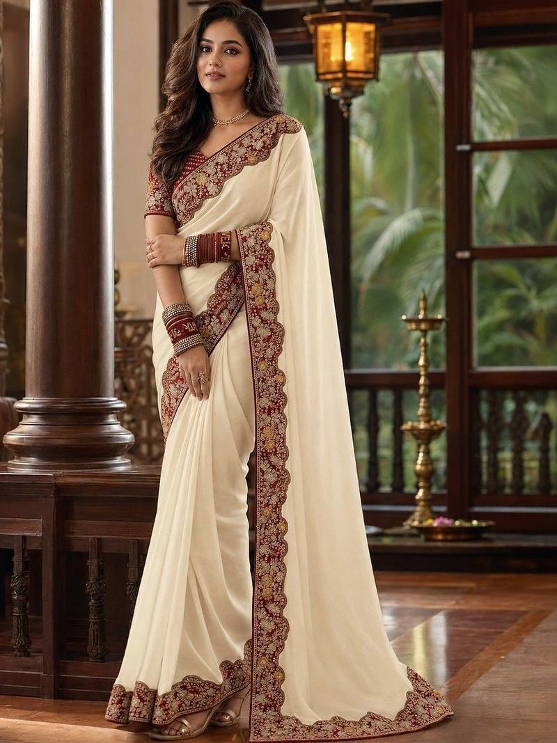 Off white floral embroidered poly chiffon saree