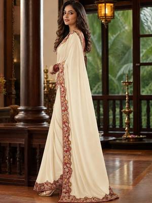 Off white floral embroidered poly chiffon saree 2