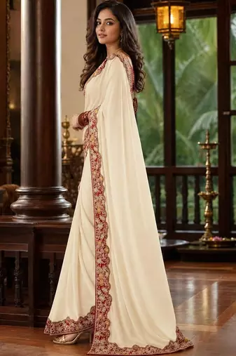 Off white floral embroidered poly chiffon saree