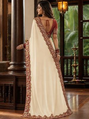 Off white floral embroidered poly chiffon saree 3