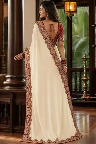 Off white floral embroidered poly chiffon saree