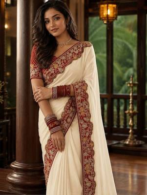 Off white floral embroidered poly chiffon saree 4