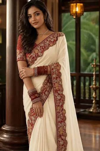 Off white floral embroidered poly chiffon saree
