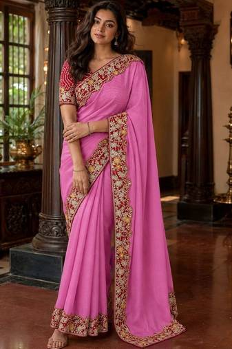 Pink floral embroidered poly chiffon saree