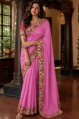 Pink floral embroidered poly chiffon saree