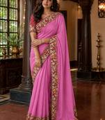 Pink floral embroidered poly chiffon saree
