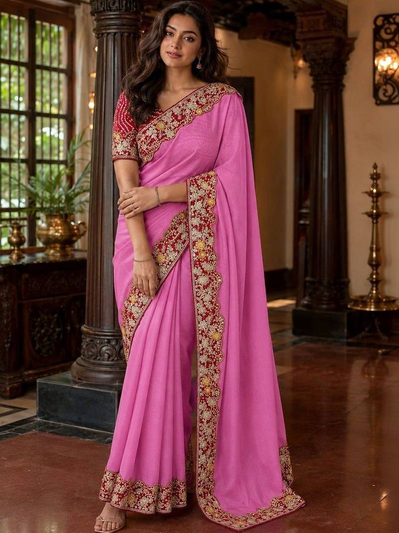 Pink floral embroidered poly chiffon saree