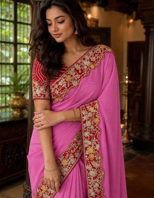 Pink floral embroidered poly chiffon saree 2