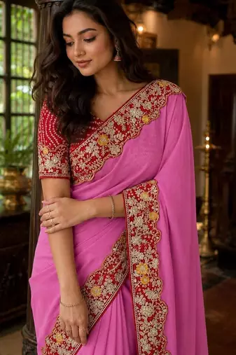 Pink floral embroidered poly chiffon saree