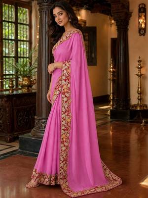 Pink floral embroidered poly chiffon saree 3