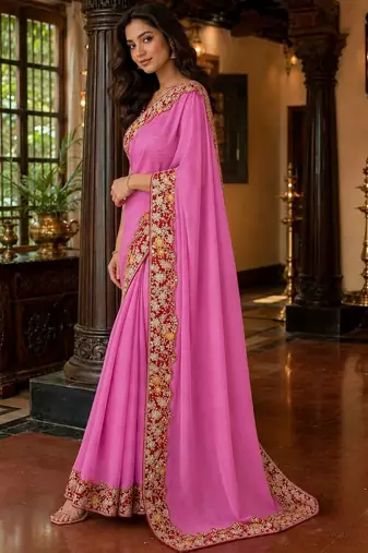 Pink floral embroidered poly chiffon saree