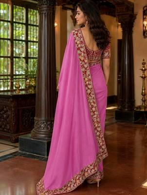 Pink floral embroidered poly chiffon saree 4