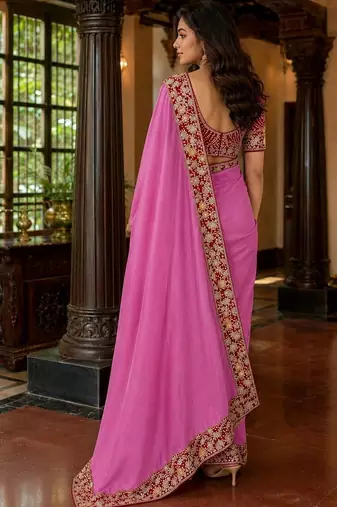 Pink floral embroidered poly chiffon saree