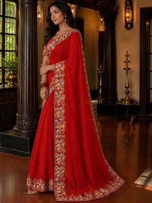 Red floral embroidered poly chiffon saree 1