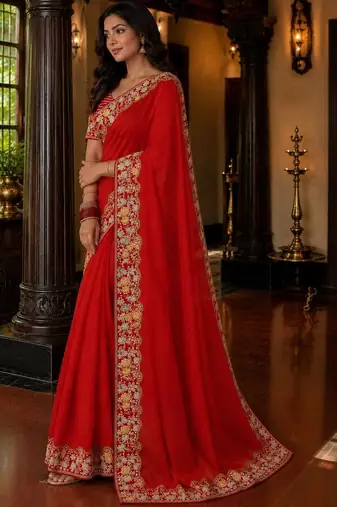 Red floral embroidered poly chiffon saree