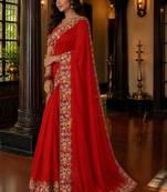 Red floral embroidered poly chiffon saree