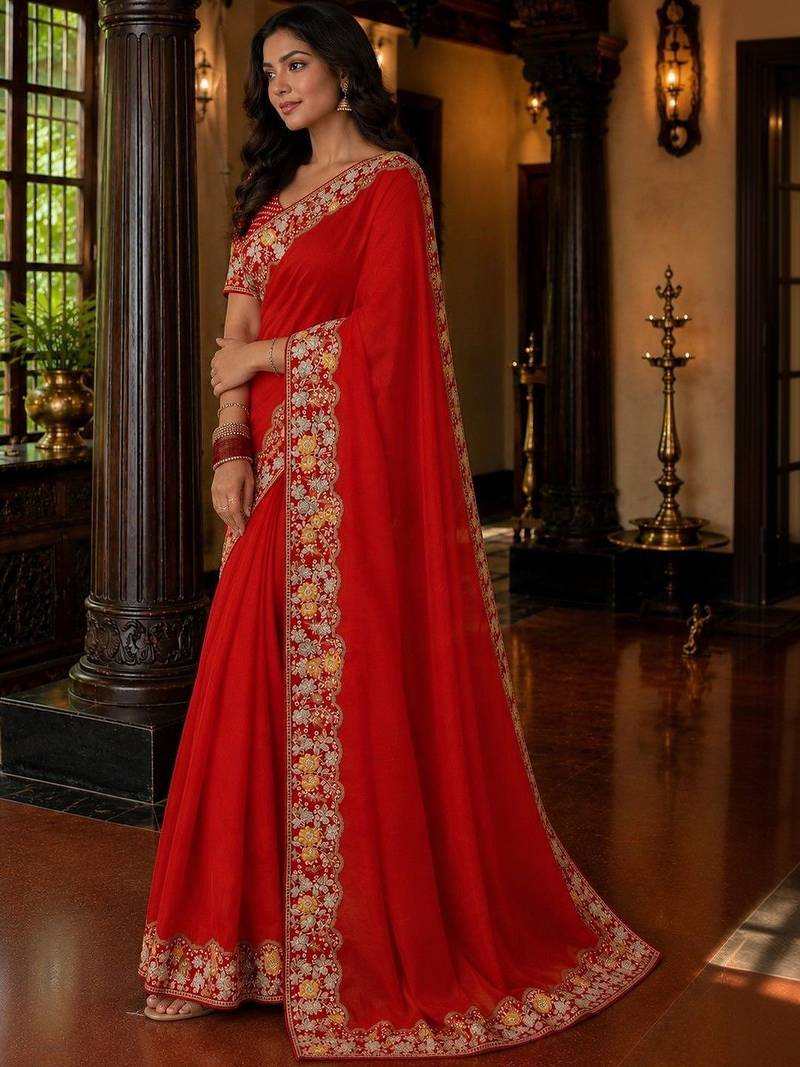 Red floral embroidered poly chiffon saree