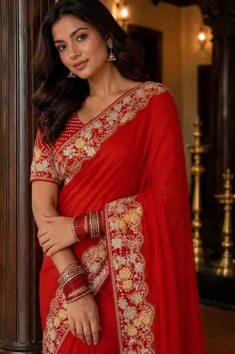 Red floral embroidered poly chiffon saree