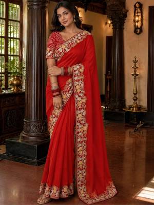 Red floral embroidered poly chiffon saree 3