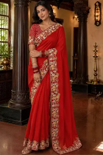 Red floral embroidered poly chiffon saree