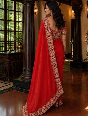 Red floral embroidered poly chiffon saree 4