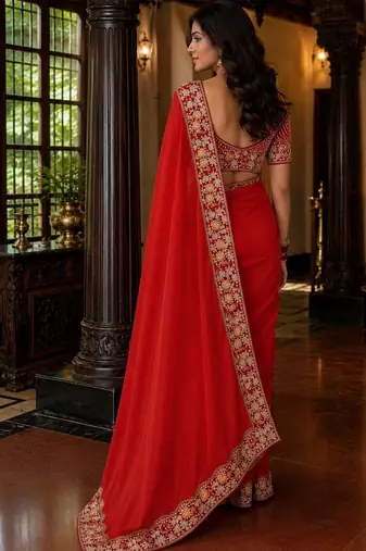 Red floral embroidered poly chiffon saree