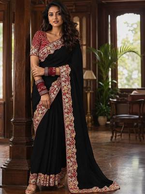 Black floral embroidered poly chiffon saree 1