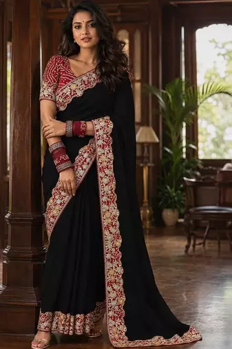 Black floral embroidered poly chiffon saree