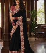 Black floral embroidered poly chiffon saree