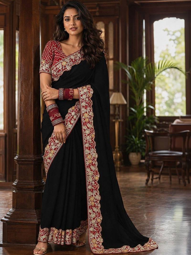 Black floral embroidered poly chiffon saree